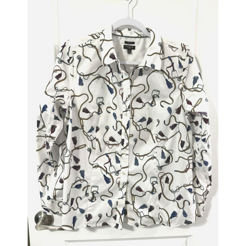 Talbots Equestrian Cowgirl Theme Button-Up Shirt Blouse belt Tassel Print 14P